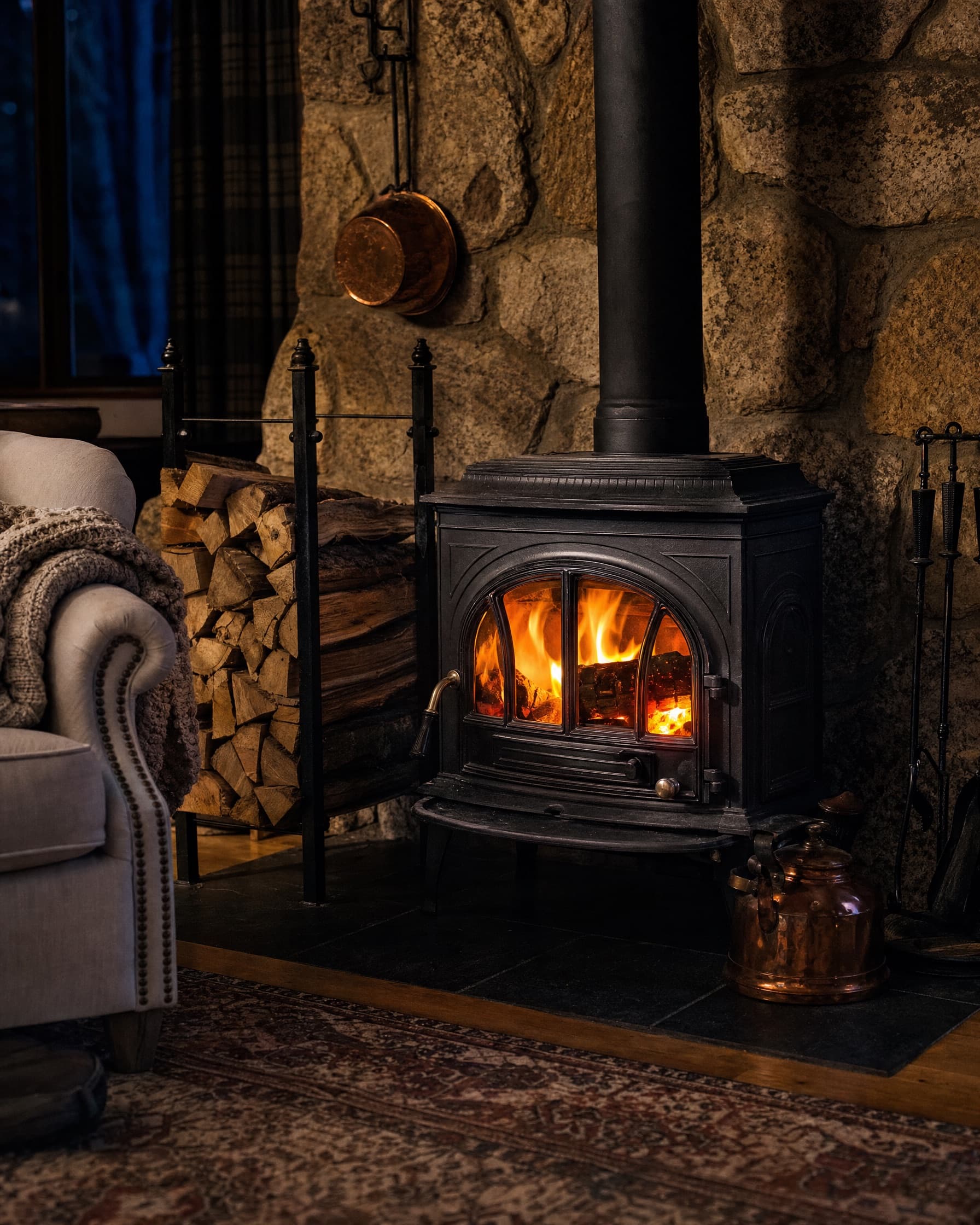 A cast-iron wood stove with a bright fire on a slate hearth, beside a stack of split firewood and a linen armchair